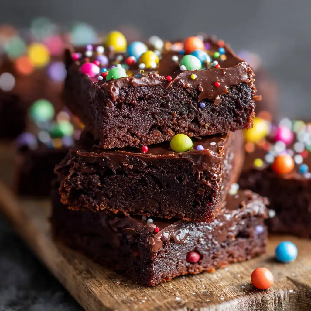Stack of high protein cosmic brownies on a wooden board