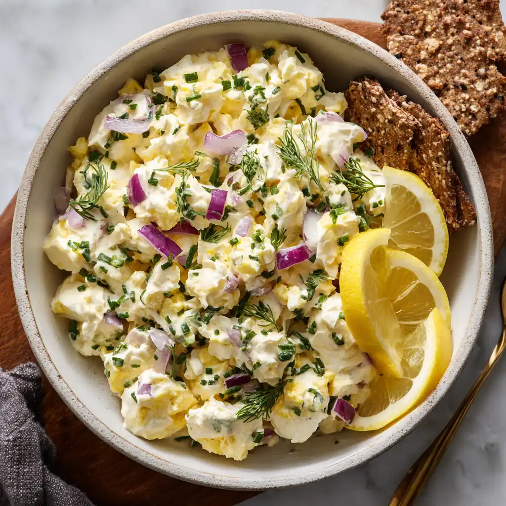 High protein egg salad with cottage cheese served in a white bowl