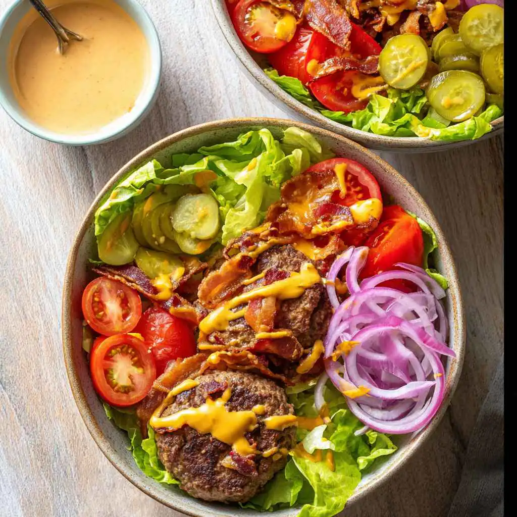 high protein low carb burger bowl with toppings