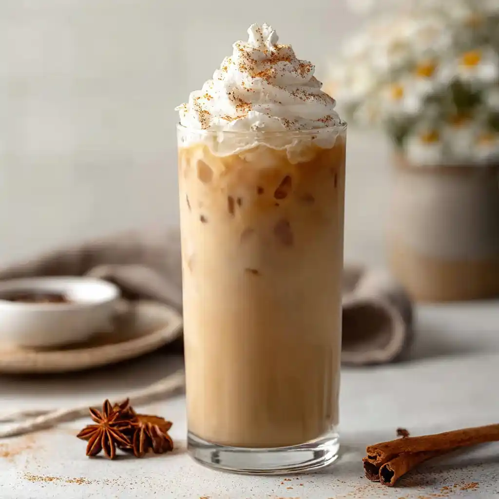 Iced vanilla chai tea latte in glass with whipped cream
