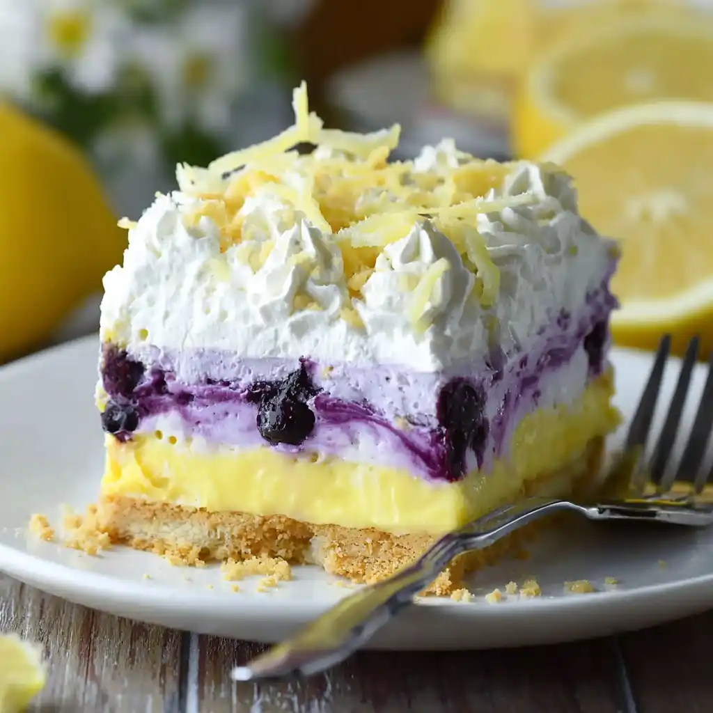 slice of lemon blueberry cheesecake lasagna recipe with whipped topping