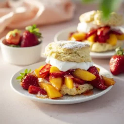 Peach strawberry shortcake on plate with whipped cream