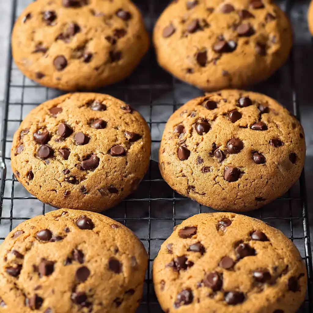 Soft Protein Chocolate Chip Cookies stacked on rack