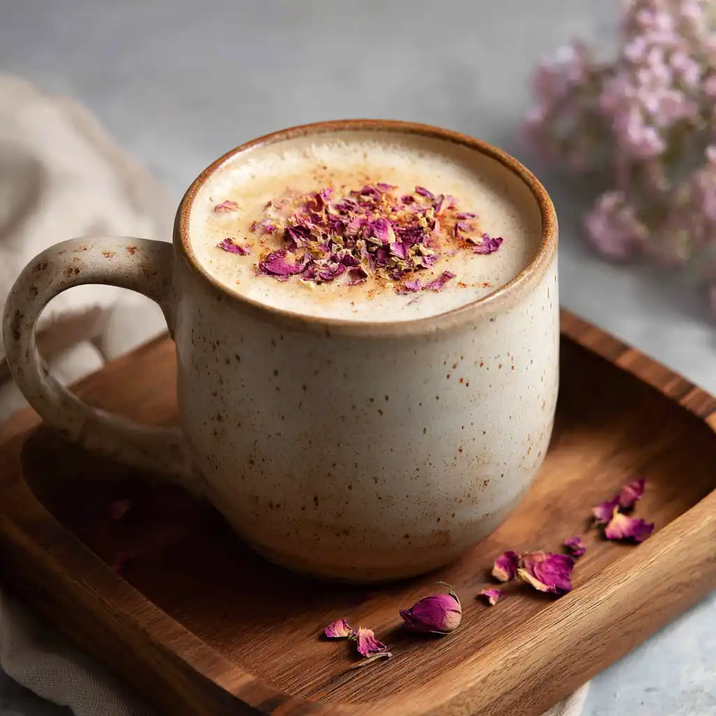 Rose latte in cozy ceramic mug with rose petal garnish