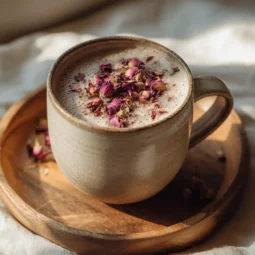 Rose latte in cozy ceramic mug with rose petal garnish