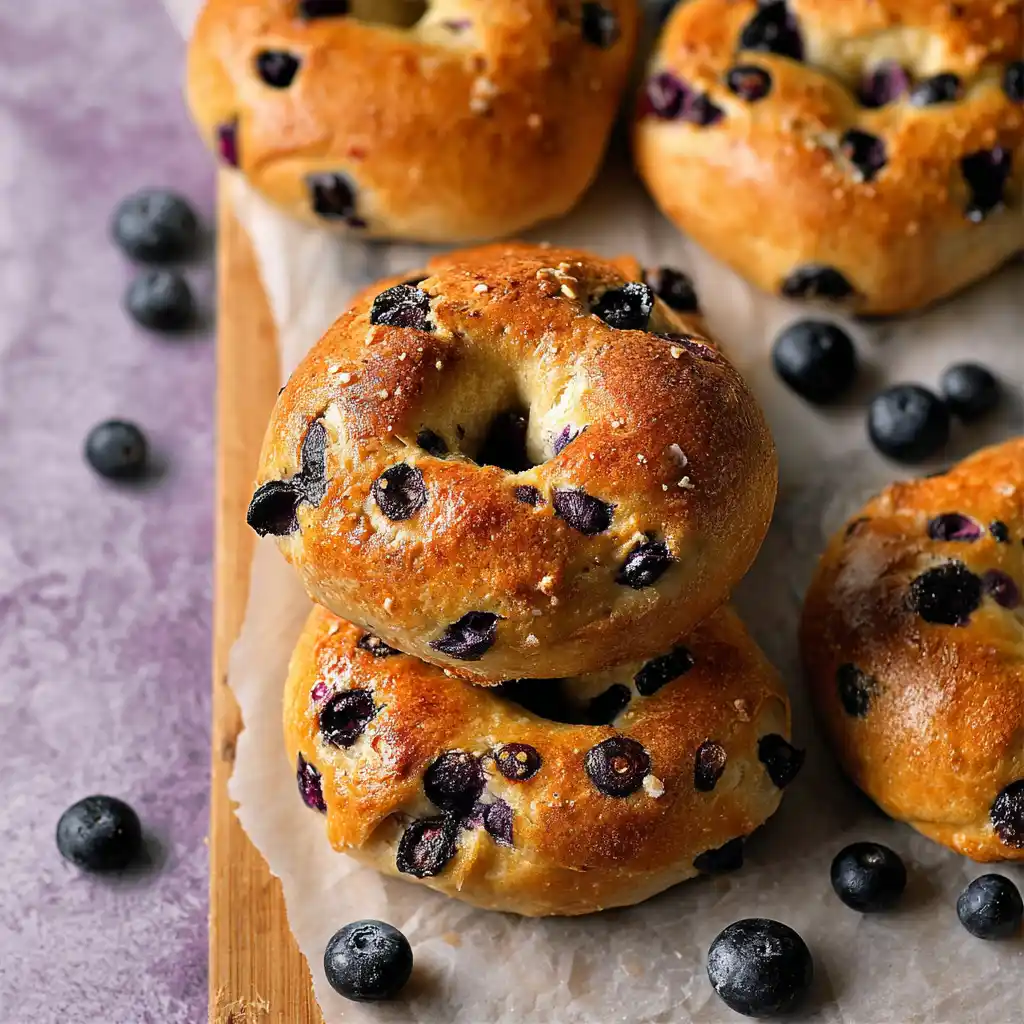 Freshly baked blueberry bagels stacked with juicy blueberries