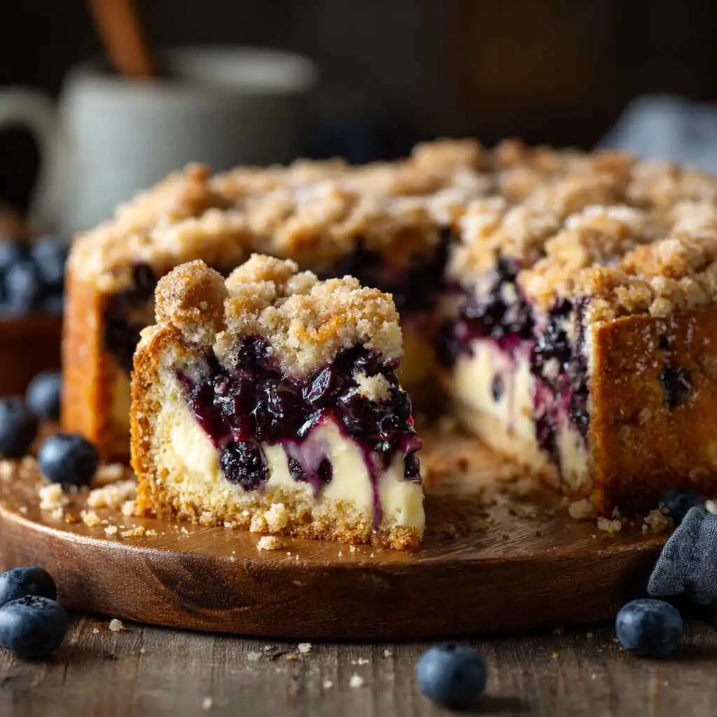 herry's Blueberry Cream Cheese Crumb Cake with golden crumb topping