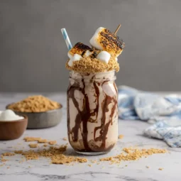 Smores milkshake in glass topped with marshmallows and whipped cream