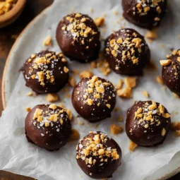 Snickers protein balls with dates topped with peanuts and sea salt