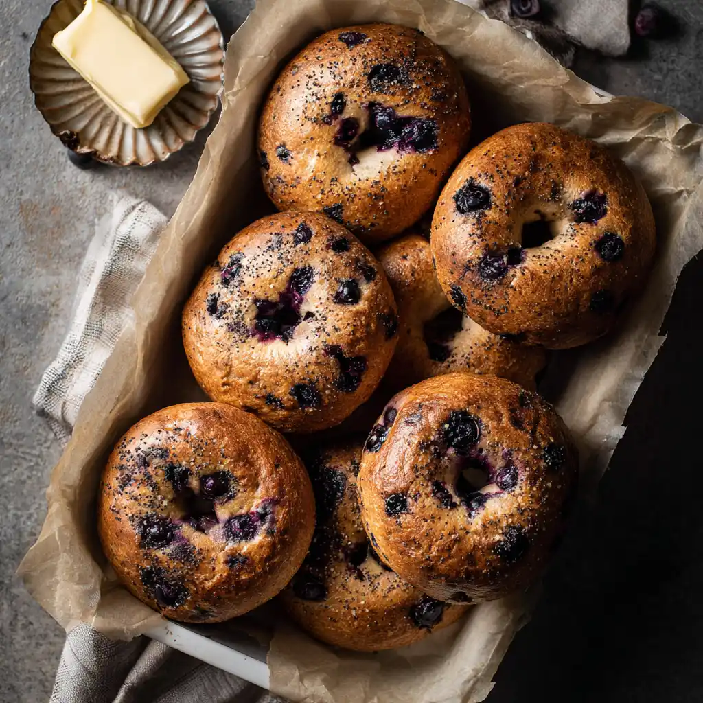 Freshly baked sourdough discard blueberry bagels served with butter
