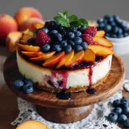 Summer Berry and Peach Cheesecake with fresh fruit