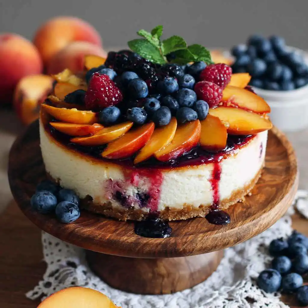 Summer Berry and Peach Cheesecake with fresh fruit