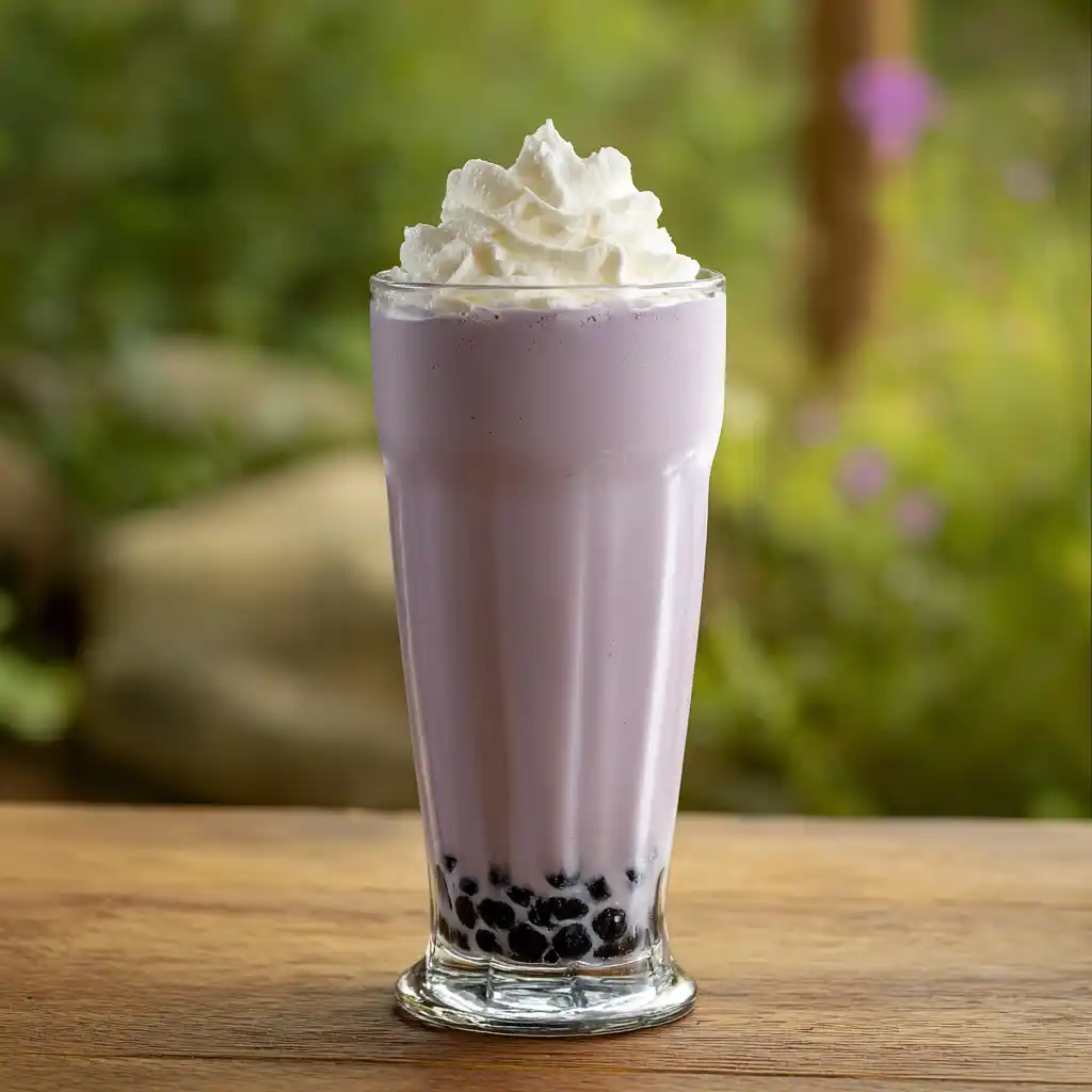 Taro smoothie with whipped cream and boba