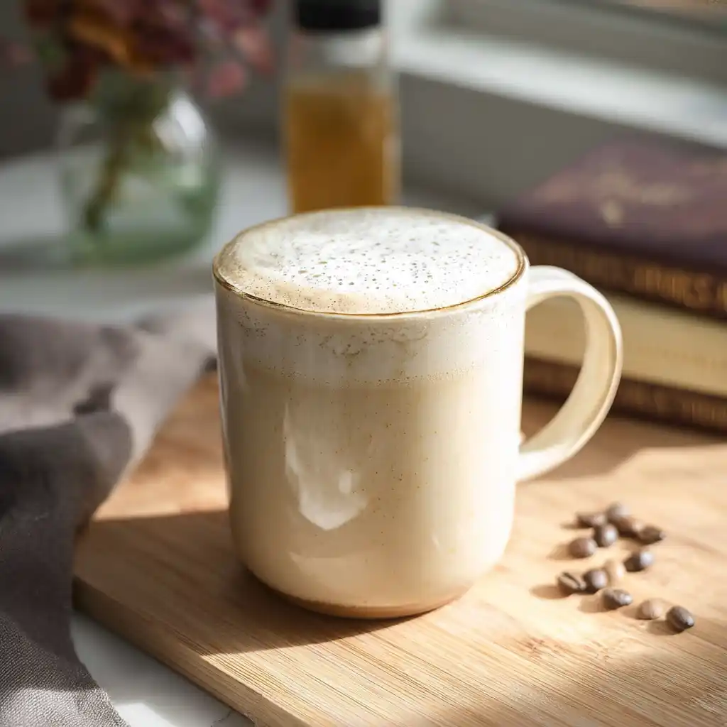 Vanilla bean latte in a ceramic mug with steam rising