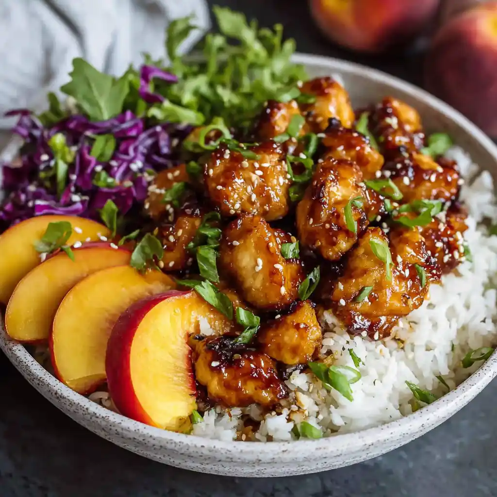 Healthy Air Fryer Recipes featuring crispy teriyaki chicken served over rice with peaches, cabbage, and fresh greens.
