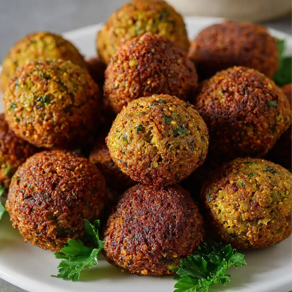 Air Fryer Falafel served with fresh herbs and tahini