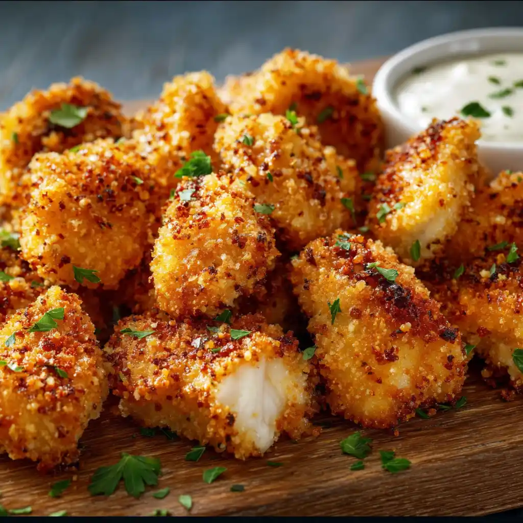 Air Fryer Ranch-Crusted Chicken Bites on serving board