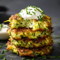 Air fryer zucchini fritters in basket with sour cream