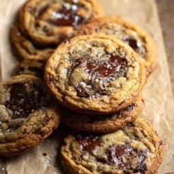 Brown butter sourdough chocolate chip cookies stacked on parchment