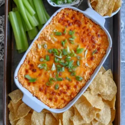 High protein buffalo chicken dip in baking dish