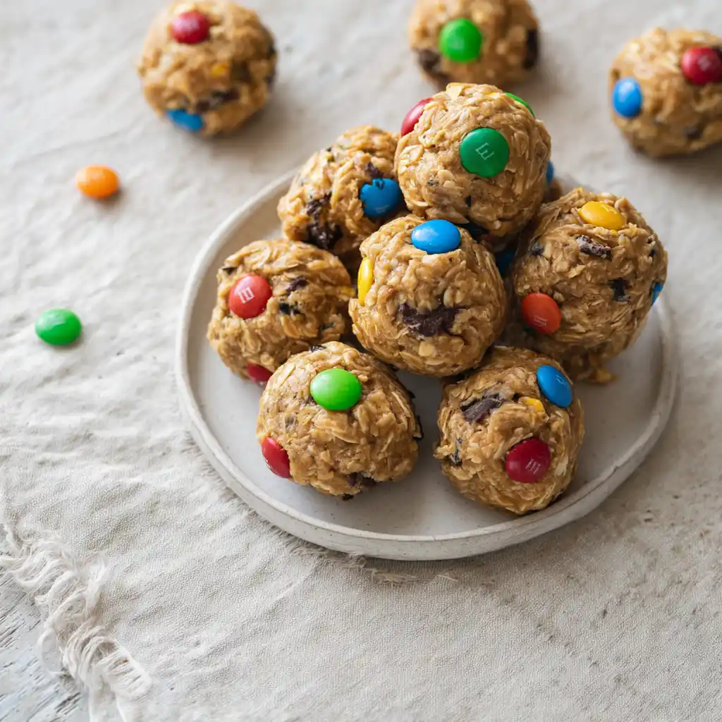 Monster Cookie Protein Balls on white plate