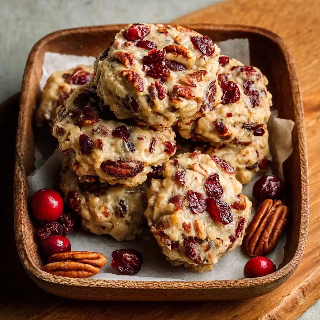 No-bake cranberry pecan praline cookies on tray