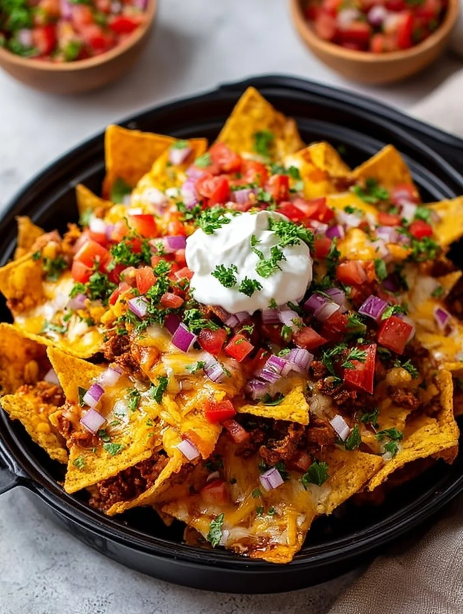 Deliciously crispy Air Fryer Nachos topped with cheese and jalapeños.
