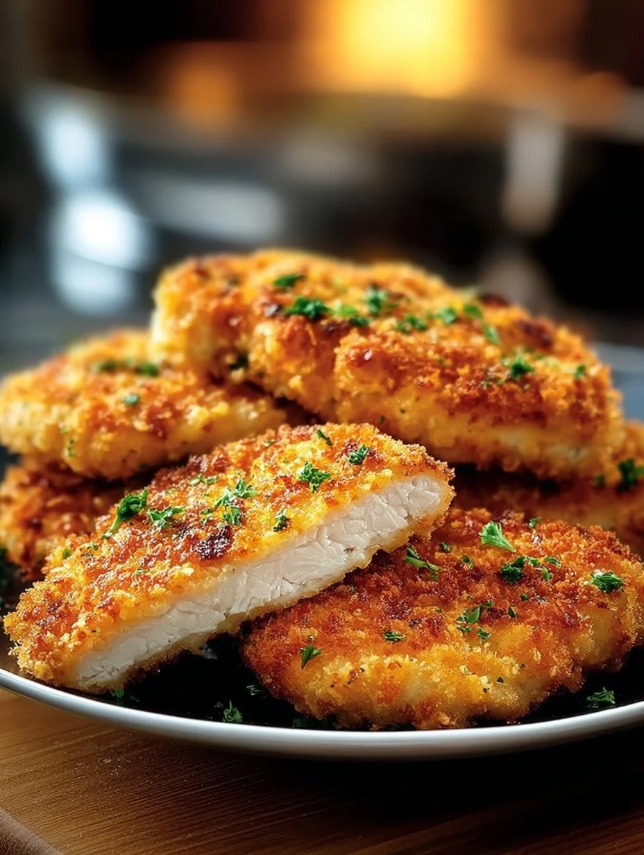 Air Fryer Parmesan Crusted Chicken on a plate with herbs and lemon slice.