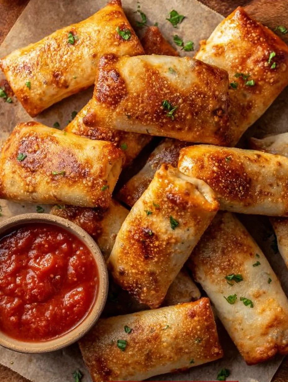 Delicious air fryer pizza rolls golden and crispy on a plate