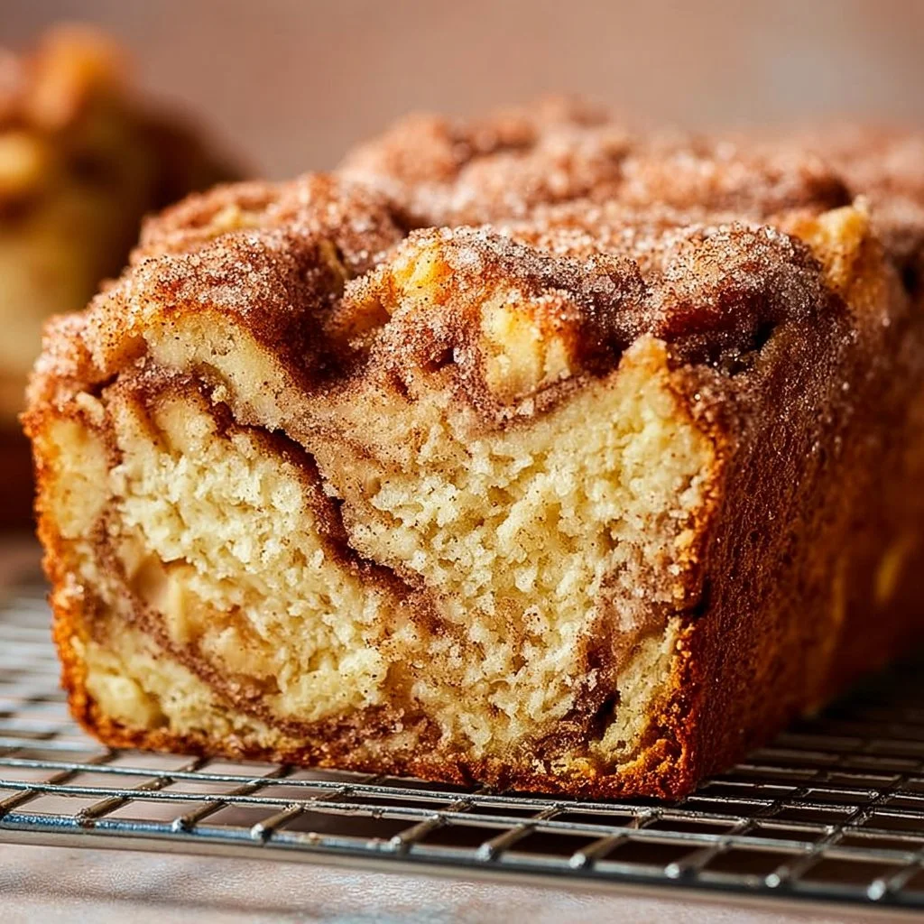 Slice of homemade apple bread with apple pieces and cinnamon topping