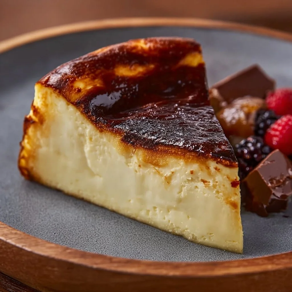 Delicious slice of Basque Burnt Cheesecake with a caramelized top and creamy filling.