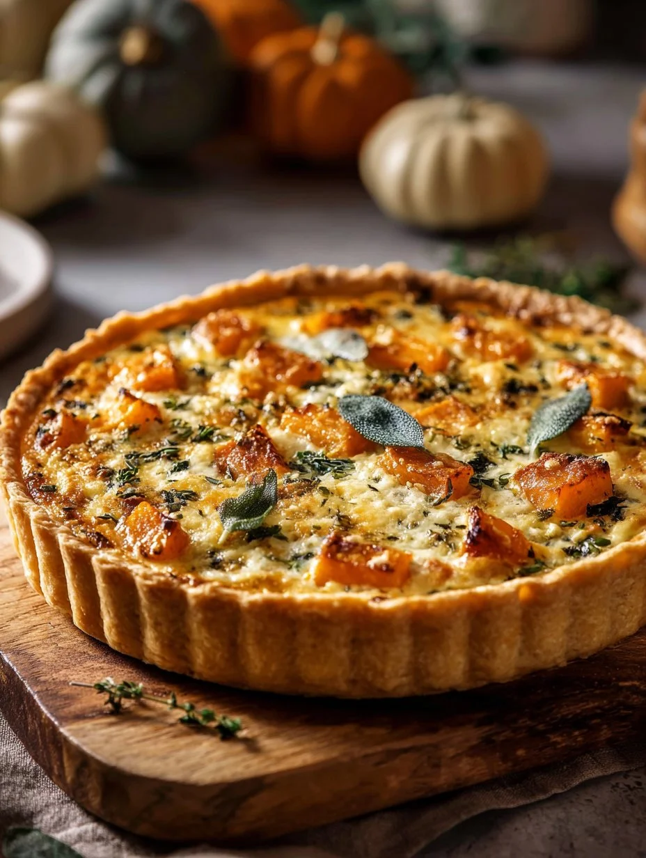 A delicious butternut squash and sage quiche served on a rustic plate.