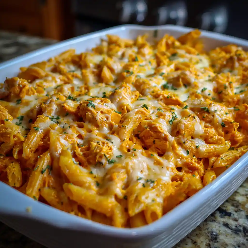 cheesy buffalo chicken pasta bake fresh from oven