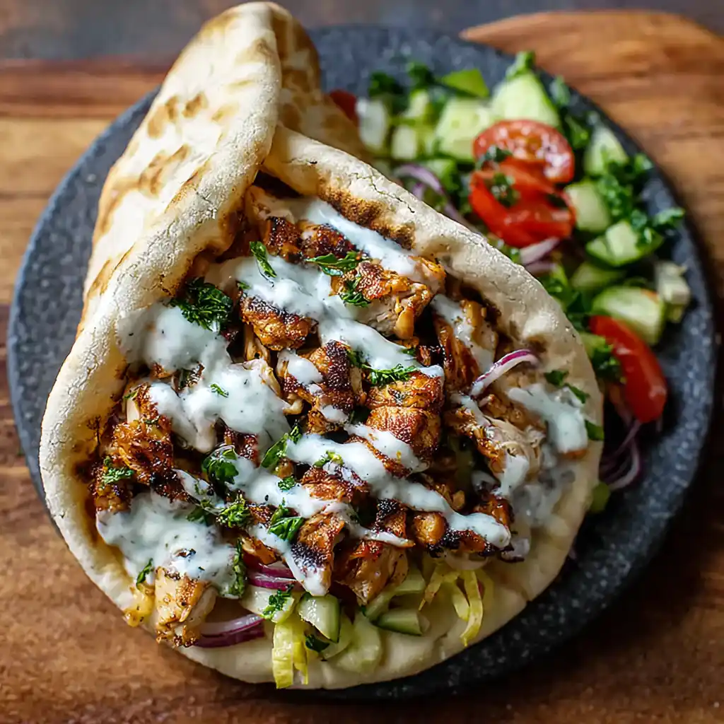 Chicken Shawarma with Garlic Sauce wrapped in pita