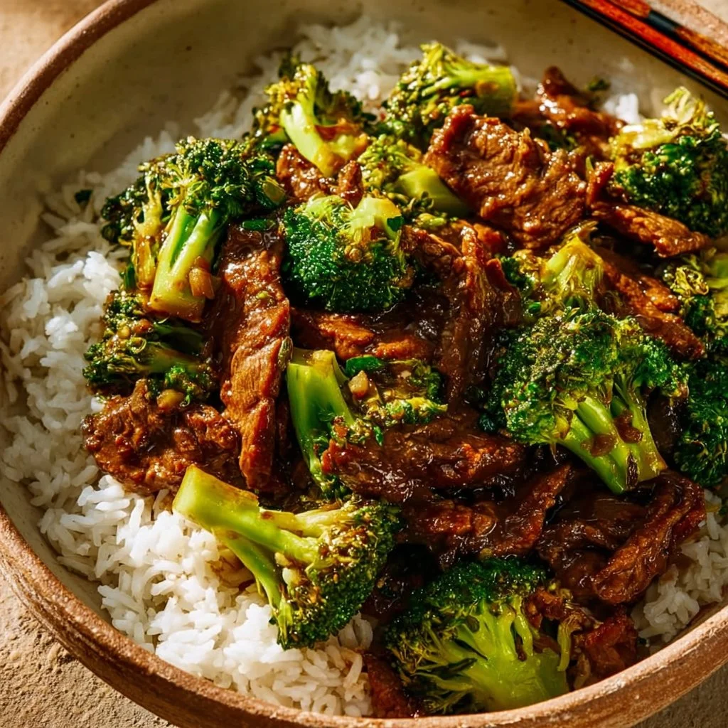 Delicious plate of Chinese beef and broccoli stir-fry garnished with sesame seeds.
