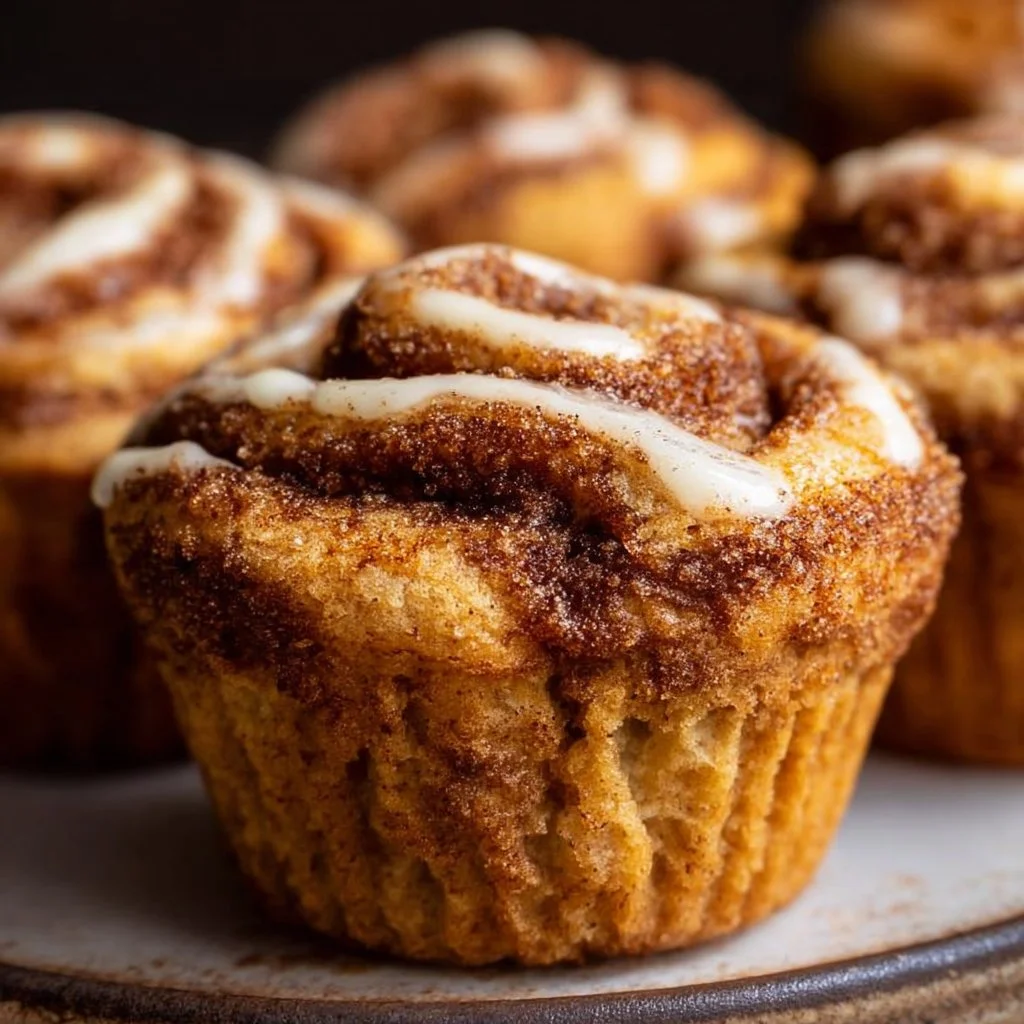 Delicious Cinnamon Roll Protein Muffins on a wooden table