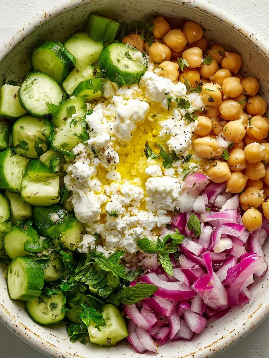 Cottage Cheese and Chickpea Salad with fresh vegetables in a bowl