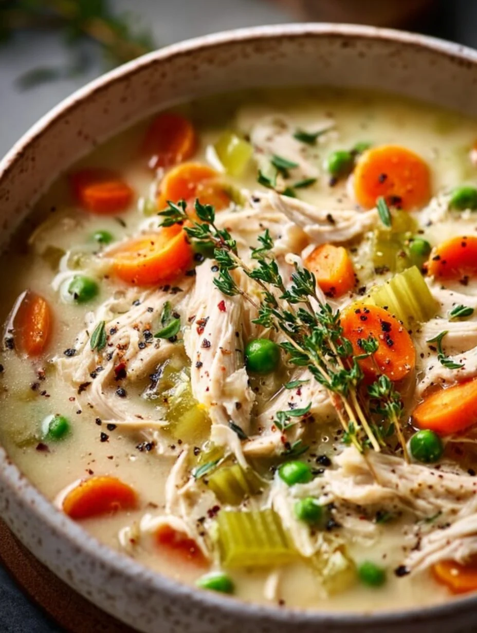 A bowl of creamy Cottage Cheese Chicken Soup garnished with herbs