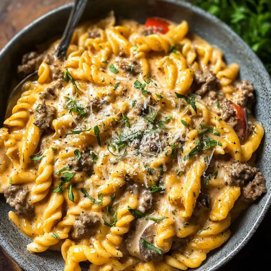 creamy beef pasta in skillet