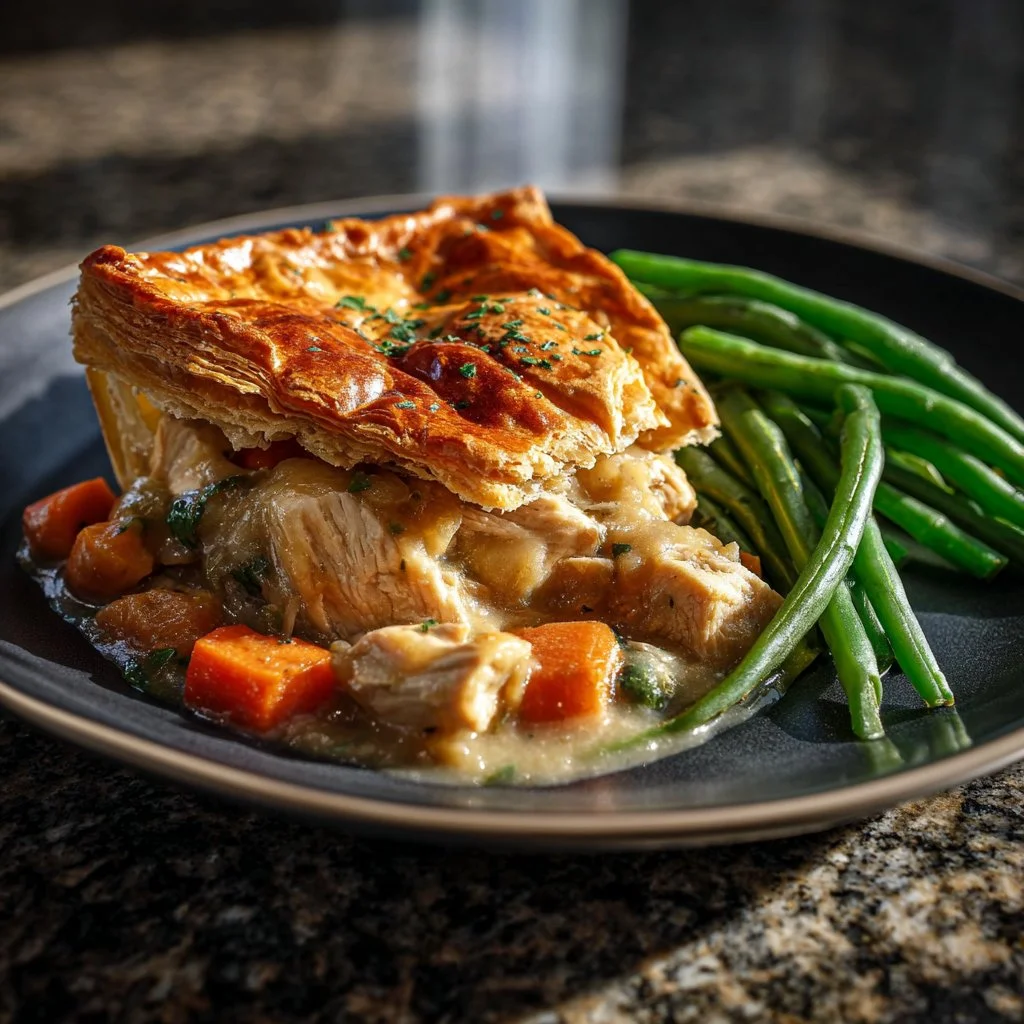 Creamy chicken pot pie with vegetables and golden flaky crust