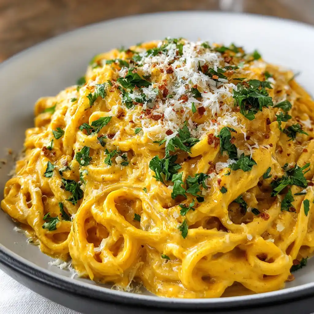 Creamy pumpkin Alfredo pasta served in a cozy fall setting