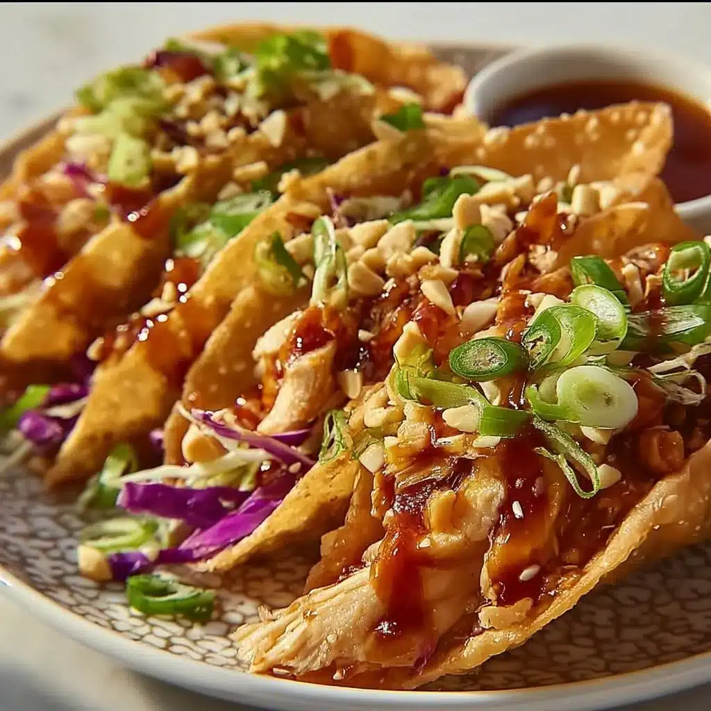Crispy chicken wonton tacos filled with flavorful chicken and fresh toppings