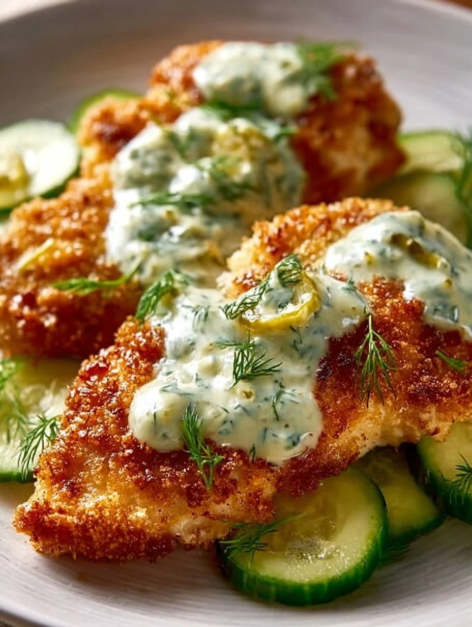 Crispy dill pickle parmesan chicken garnished with fresh herbs.