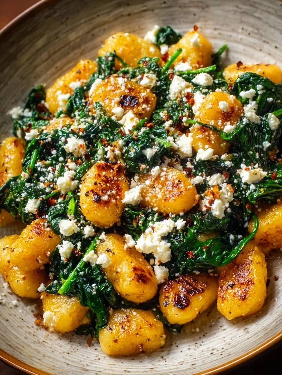 Plate of crispy gnocchi with spinach and feta, garnished for a flavorful meal.