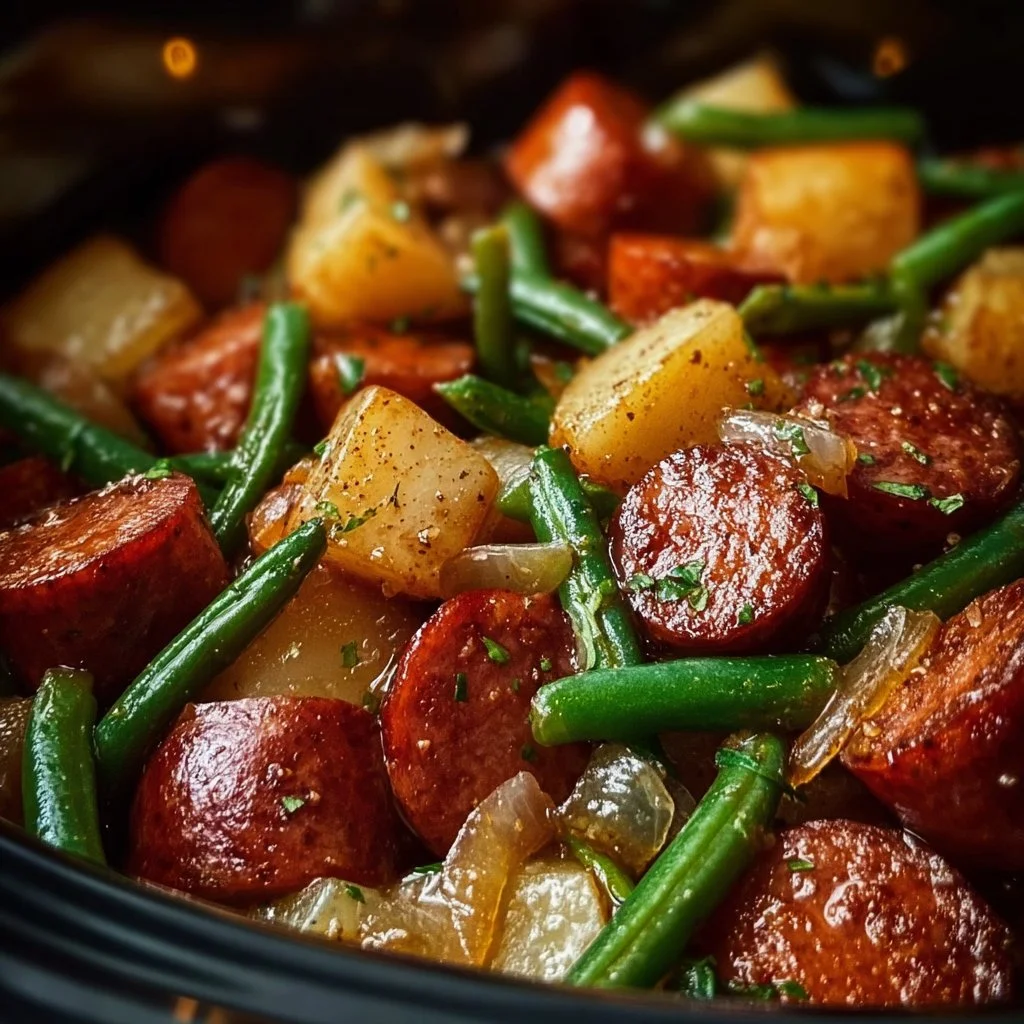 Crockpot Kielbasa with green beans served in a bowl