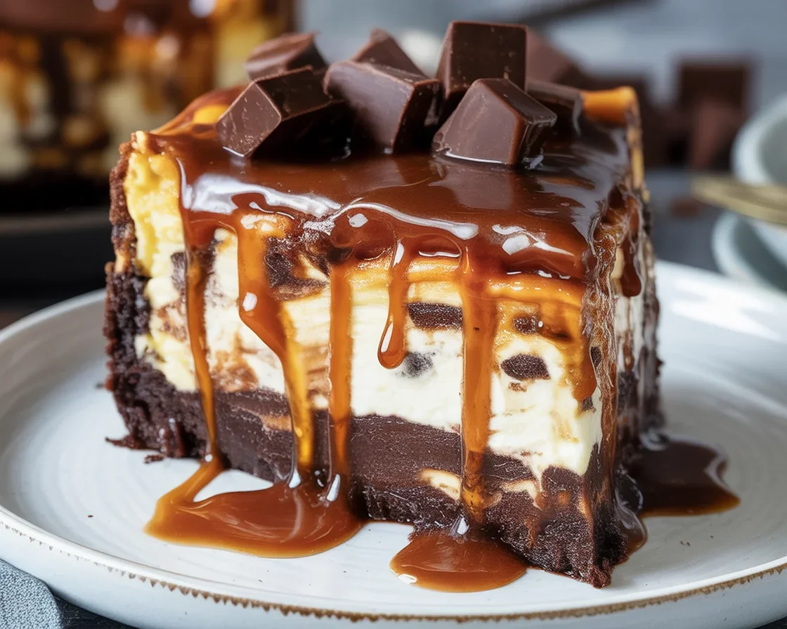 Decadent Caramel Brownie Cheesecake with brownie base, creamy cheesecake, and caramel drizzle.