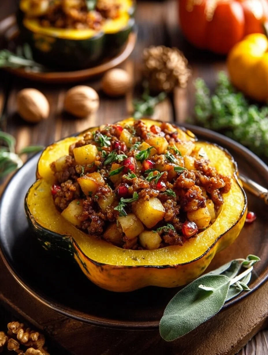 Delicious apple stuffed acorn squash garnished with herbs