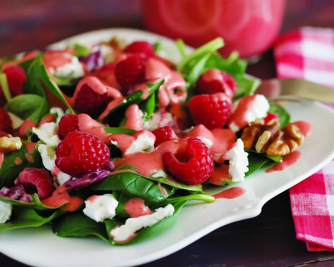 Raspberry-Spinach Salad with Avocado and Walnuts served in a bowl