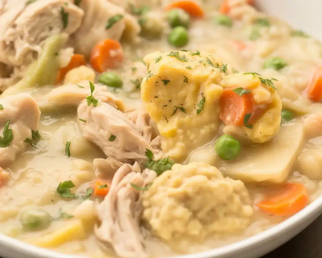Crockpot Chicken and Dumplings with creamy sauce and biscuit dumplings in a bowl.