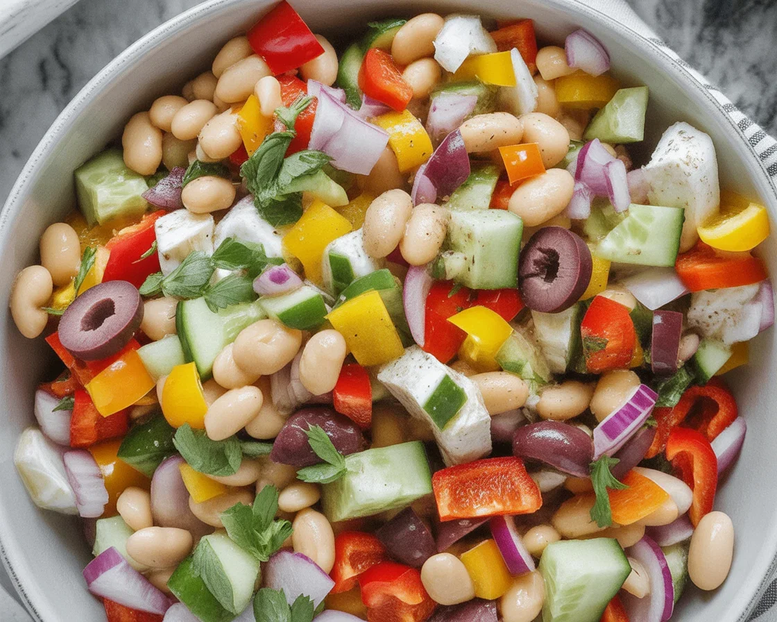 Mediterranean Dense Bean Salad with beans, vegetables, and dressing.